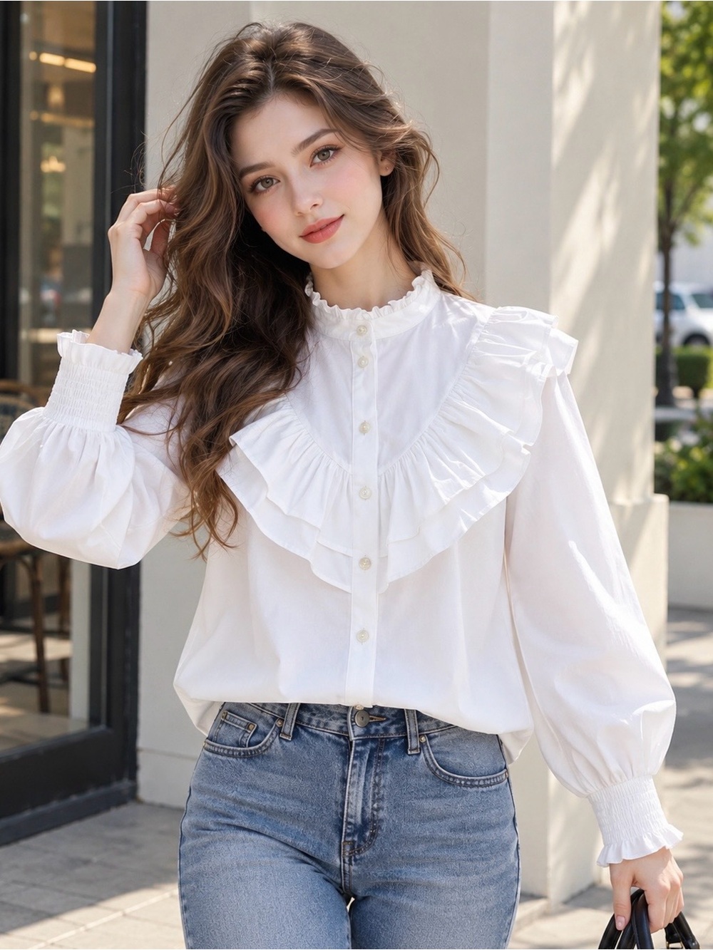 Zevity White Ruffle Front Button-Down Blouse